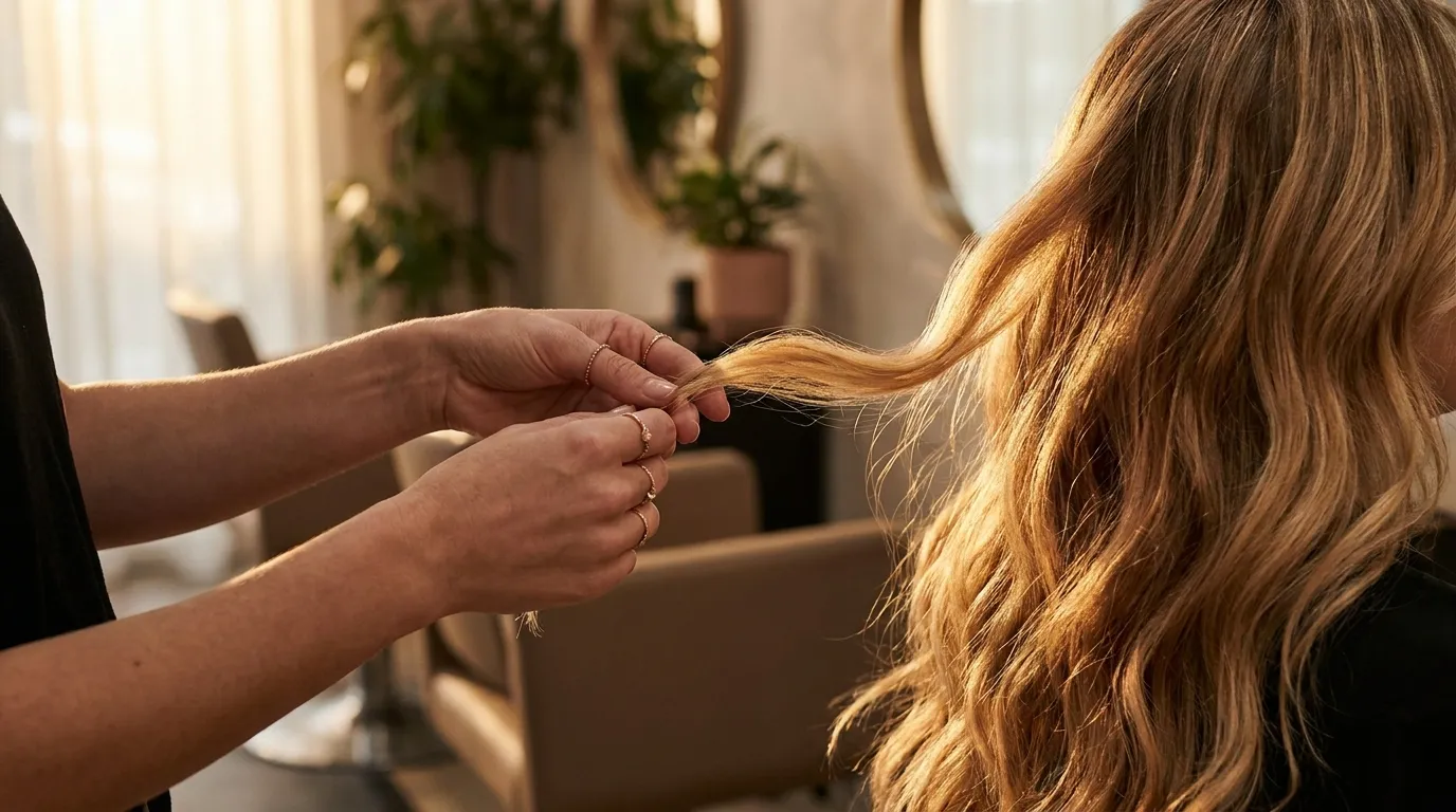 Coiffeuse beim Stylen von Haar im warmen Licht